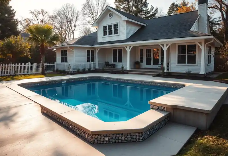 Illustration of new in-ground pool with a concrete deck in a 1949-era home