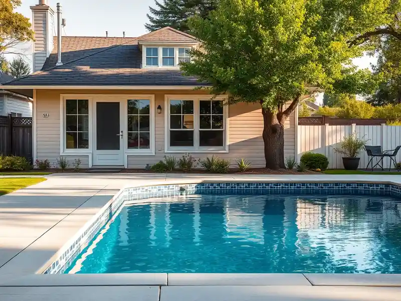 Illustration of close-up of materials and finishes of new in-ground pool with a concrete deck in a 1949-era home
