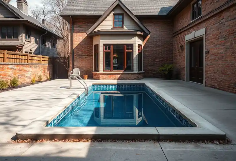Illustration of new in-ground pool with a concrete deck in a 1949-era home