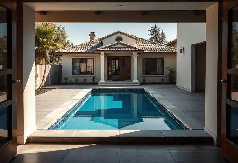 Illustration of modern home with inground pool and palm trees.