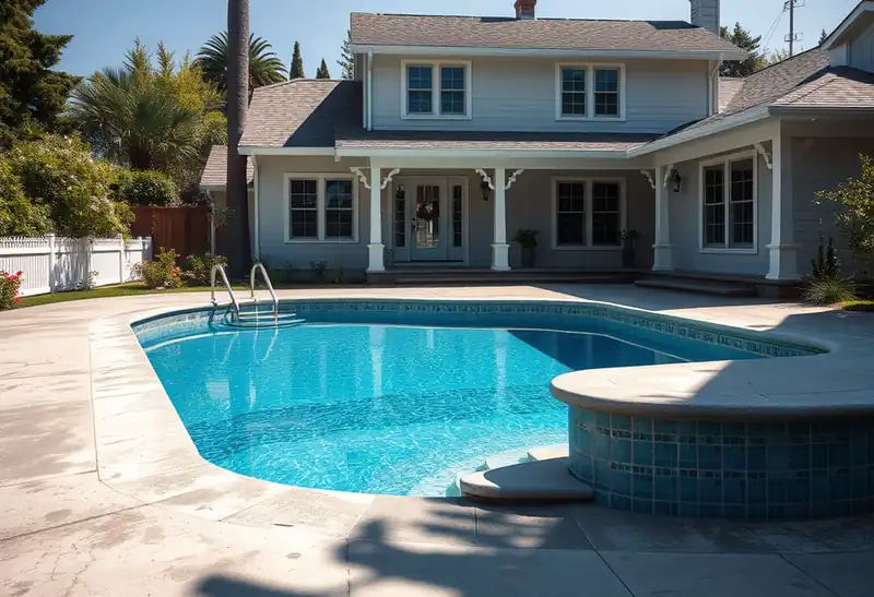 Illustration of new in-ground pool with a concrete deck in a 1949-era home