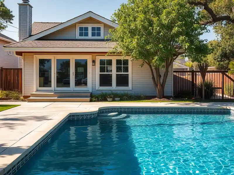 Illustration of close-up of materials and finishes of new in-ground pool with a concrete deck in a 1949-era home
