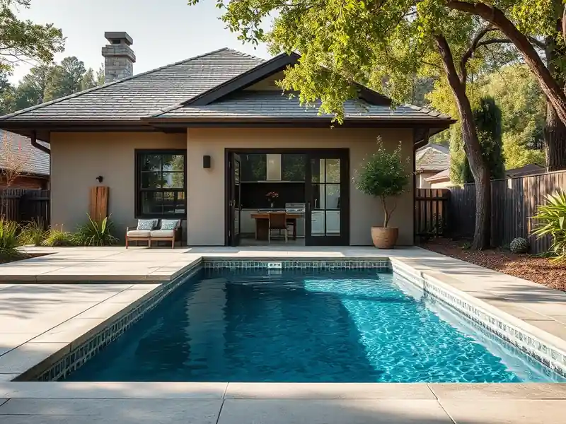 Illustration of close-up of materials and finishes of new in-ground pool with a concrete deck in a 1949-era home