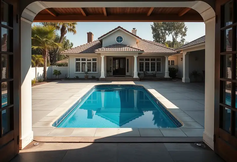 Illustration of new in-ground pool with a concrete deck in a 1949-era home