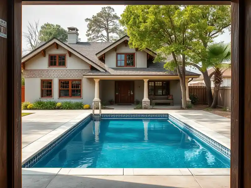 Illustration of close-up of materials and finishes of new in-ground pool with a concrete deck in a 1949-era home